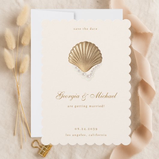 Elegante Seashell & Pearls Gold Coastal Wedding Save The Date