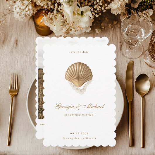 Elegante Seashell & Pearls Gold Coastal Wedding Save The Date