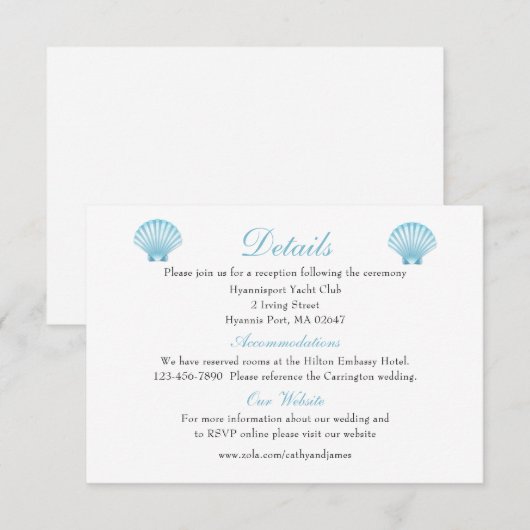 Elegante Seashell Wedding Details Blue Beach Informatiekaartje (Voorkant / Achterkant)