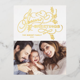 Elegante Seizoensgroeten Bloei Familie Foto Folie Feestdagen Briefkaart