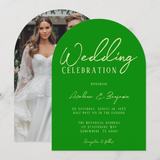 Elegante selderij en bos groene foto bruiloft kaart (Voorkant / Achterkant)