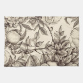 Elegante Sepia Botanisch met Gelaagde Bloemen Theedoek (Horizontaal)