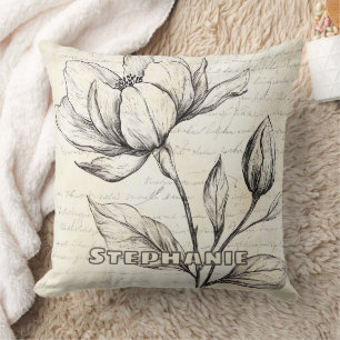 Elegante Sepia Botanische Bloemen Vintage Schrift Kussen