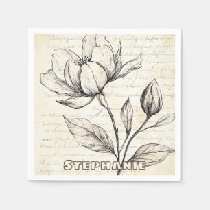 Elegante Sepia Botanische Bloemen Vintage Schrift Servet