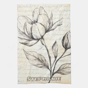 Elegante Sepia Botanische Bloemen Vintage Schrift Theedoek