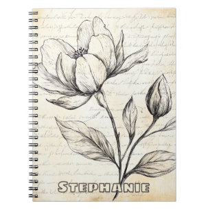 Elegante Sepia Botanische Bloemen Vintage Script Notitieboek