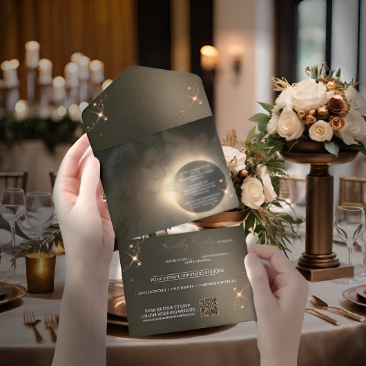 Elegante Sepia Solar Eclipse Custom Foto Bruiloft All In One Uitnodiging