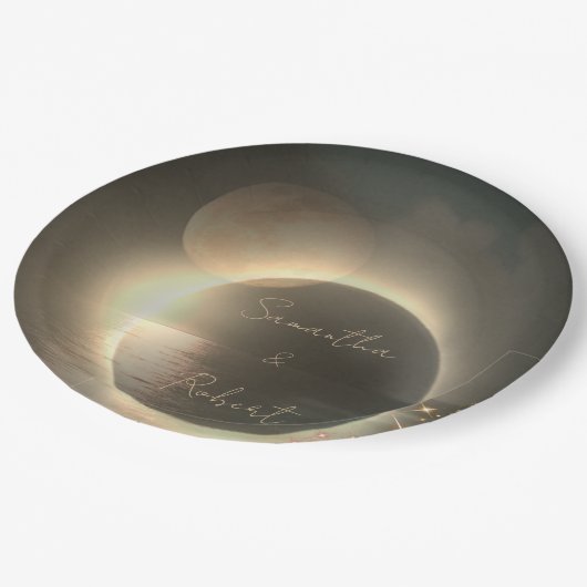 Elegante Sepia Solar Eclipse Custom Foto Bruiloft Papieren Bordje (Gekanteld)