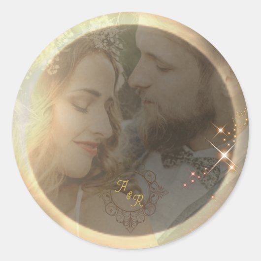 Elegante Sepia Solar Eclipse Custom Foto Bruiloft Ronde Sticker (Voorkant)