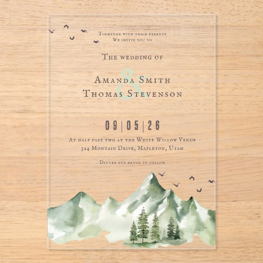 Elegante serene groene berglandschap bruiloft acryl uitnodigingen (Voorkant)