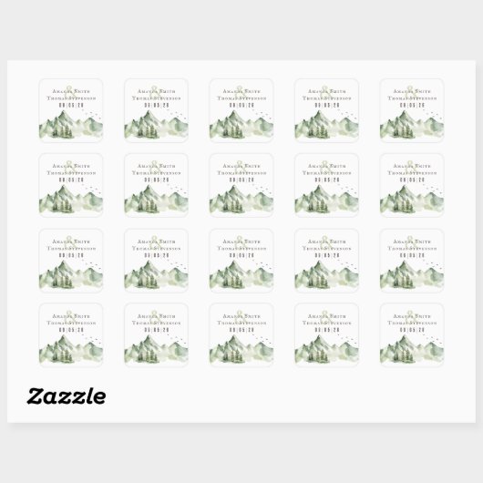 Elegante serene groene berglandschap bruiloft vierkante sticker (Vel)