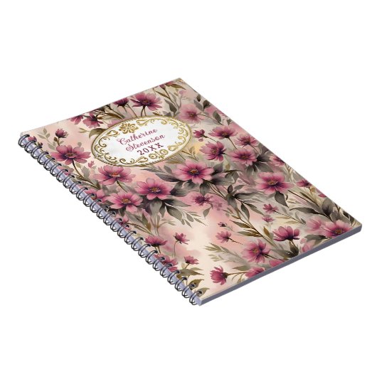 Elegante serene Waterverf roze en paarse bloemen Notitieboek (Rechterzijde)