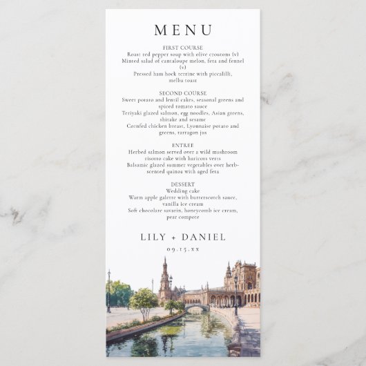Elegante Sevilla Spanje Watercolor Trouw Menu (Voorkant)