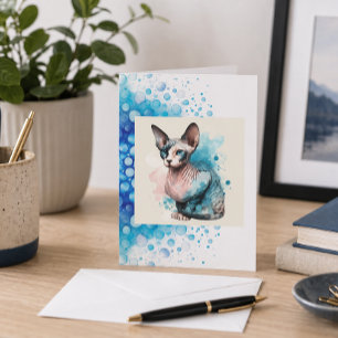 Elegante Sfinx Kat Kaart Blauw Aquarel Modern Huis