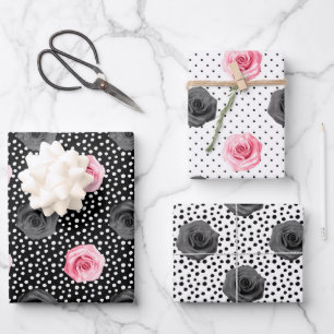 Elegante Shabby Chic Roze en Zwarte Rozen Strepen Inpakpapier Vel