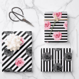 Elegante Shabby Chic Roze en Zwarte Rozen Strepen Inpakpapier Vel