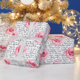 Elegante Shabby Chic Roze Rozen en Handgeschrift Cadeaupapier