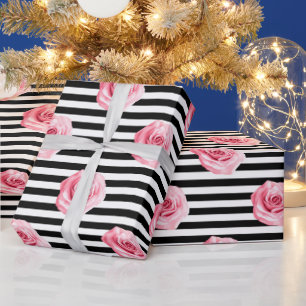 Elegante Shabby Chic Roze Rozen en Strepen Cadeaupapier