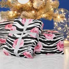 Elegante Shabby Chic Roze Rozen en Zebra Strepen Cadeaupapier