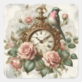 Elegante Shabby Chic Sage Bird  Klok Flora Vierkante Sticker (Voorkant)