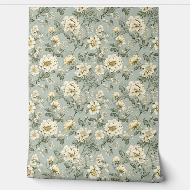 Elegante Shabby chic  witte bloemen salie Behang (Afrollen)