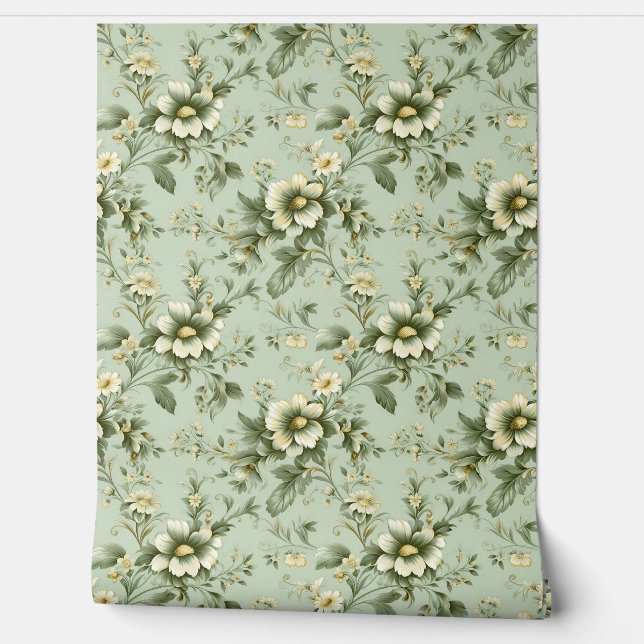 Elegante Shabby chique salie groene witte bloemen Behang (Afrollen)