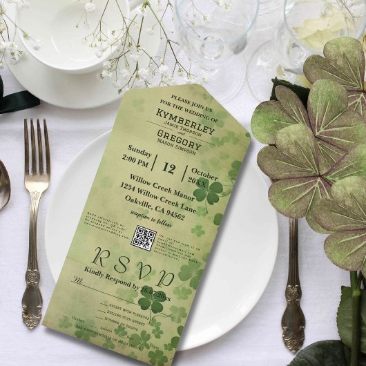 Elegante Shamrock Clover Ierse Keltische QR-code All In One Uitnodiging