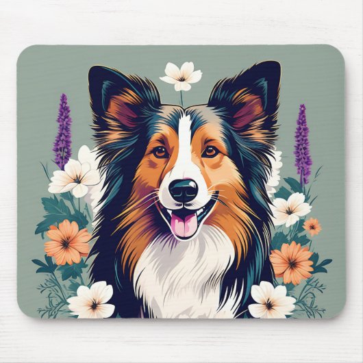 Elegante Shetland Sheepdog met Bloemen Muismat (Voorkant)