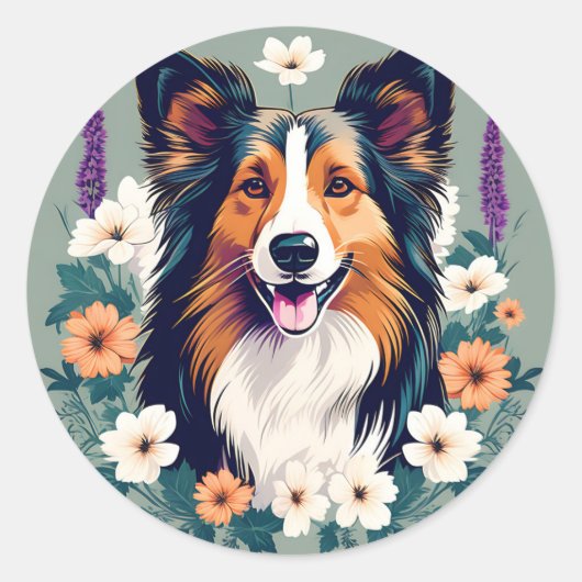 Elegante Shetland Sheepdog met Bloemen Ronde Sticker (Voorkant)