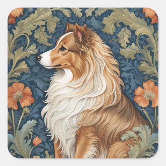 Elegante Shetland Sheepdog William Morris geïnspir Vierkante Sticker (Voorkant)