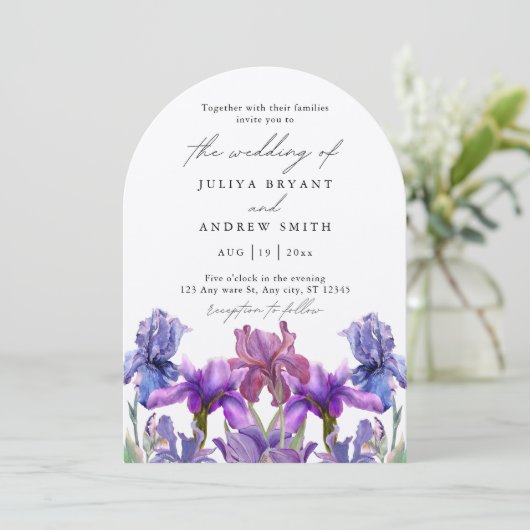 Elegante shimmer Iris bloemenboog script bruiloft Kaart (Staand voorkant)