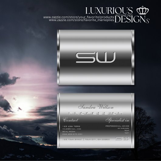 Elegante Shimmery Zilver en Grote 3D Monogram Chic Visitekaartje