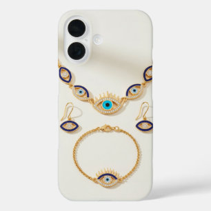 Elegante sieradenset met boze oog display iPhone 16 hoesje