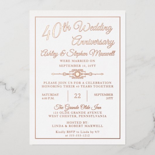 Elegante Sierlijke 40e Huwelijksjubileum Feest Fol Folie Uitnodiging (Voorkant)