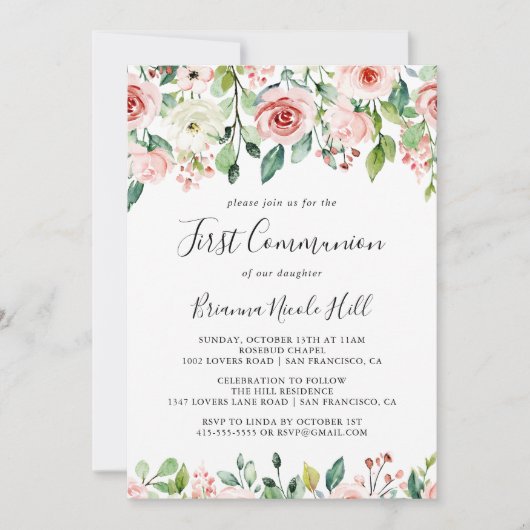 Elegante sierlijke herfst bloemeneerste communie kaart (Voorkant)