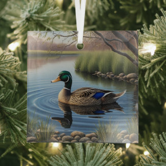 Elegante sierlijke Mallard op rustige landvijver Glas Ornament
