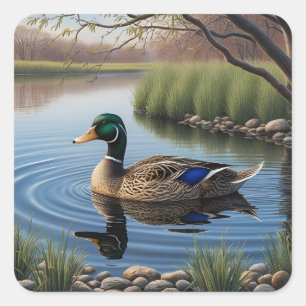 Elegante sierlijke Mallard op rustige landvijver Vierkante Sticker