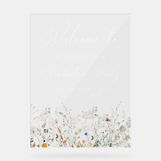 Elegante sierlijke Wildflower Afstuderen Welkomstb Acryl Bord (Voorkant)