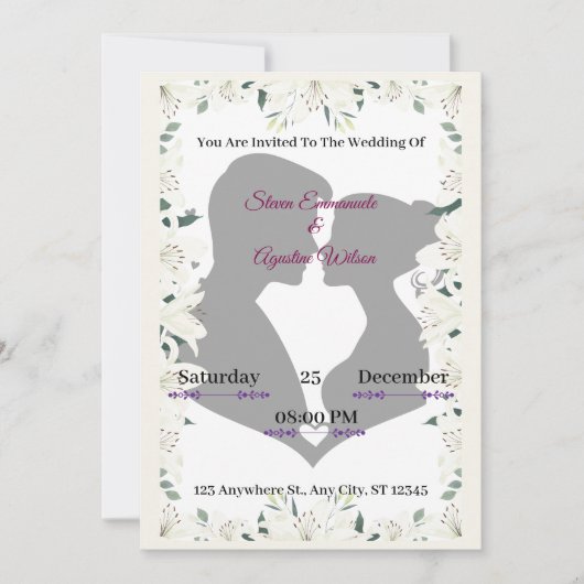 Elegante Silhouette Huwelijksuitnodiging met Bloem Kaart (Voorkant)