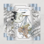 Elegante Silver en Blue Stork Baby Boy Kaart (Voorkant / Achterkant)