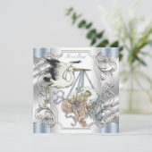 Elegante Silver en Blue Stork Baby Boy Kaart (Staand voorkant)