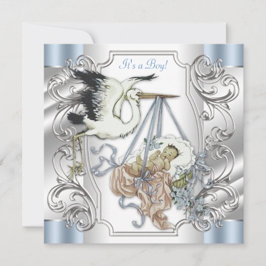 Elegante Silver en Blue Stork Baby Boy Kaart (Voorkant)