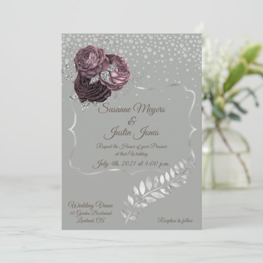 Elegante Silver en Mauve bruiloft uitnodiging (Staand voorkant)