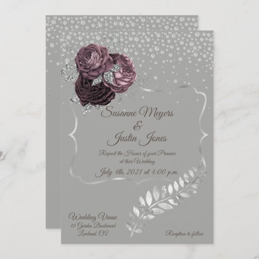 Elegante Silver en Mauve bruiloft uitnodiging (Voorkant / Achterkant)