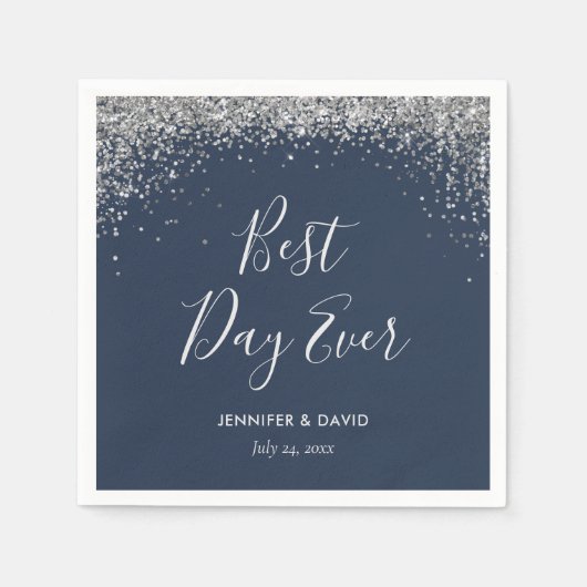 Elegante Silver Glitter Confetti Navy Blue Wedding Servet (Voorkant)