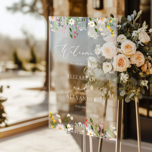 Elegante simpele huwelijksbegroeting met wilde blo acryl bord