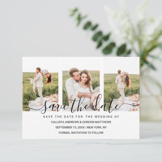 Elegante Simpele Typografie Koppel Fotocollage Save The Date (Staand voorkant)