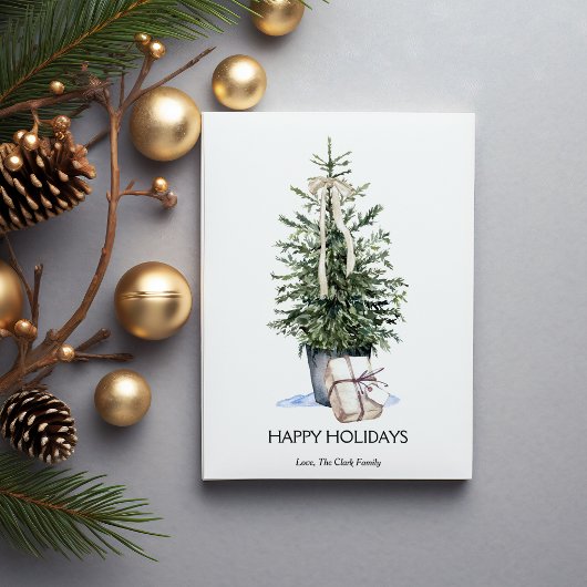 Elegante Simpele Watercolor Kerstboom Plat Design Feestdagenkaart
