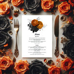 Elegante Sinaasappel en zwart gotische bruiloft Menu<br><div class="desc">Dit prachtig vervaardigde menu-ontwerp heeft een opvallende combinatie van sinaasappel en zwart, ideaal voor een gotische bruiloft met een shabby-chique flair. De detaillering en het gedurfde kleurenpalet zetten de toon voor een donkerromantisch en verfijnd feest. Ideaal voor koppels die een onvergetelijke eetervaring willen creëer die een aanvulling vormt op hun...</div>