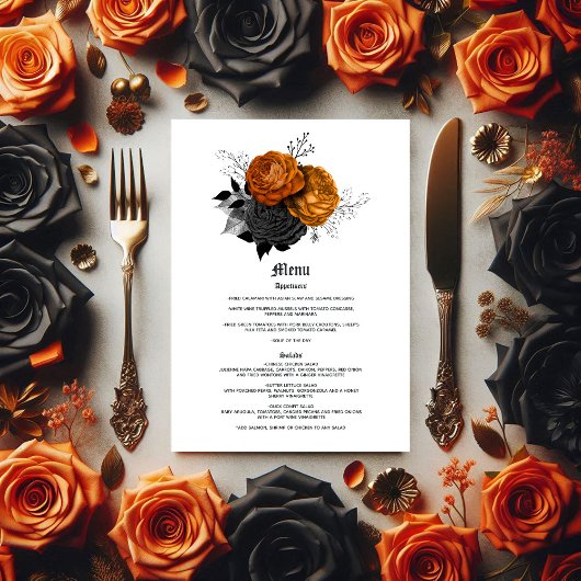 Elegante Sinaasappel en zwart gotische bruiloft Menu